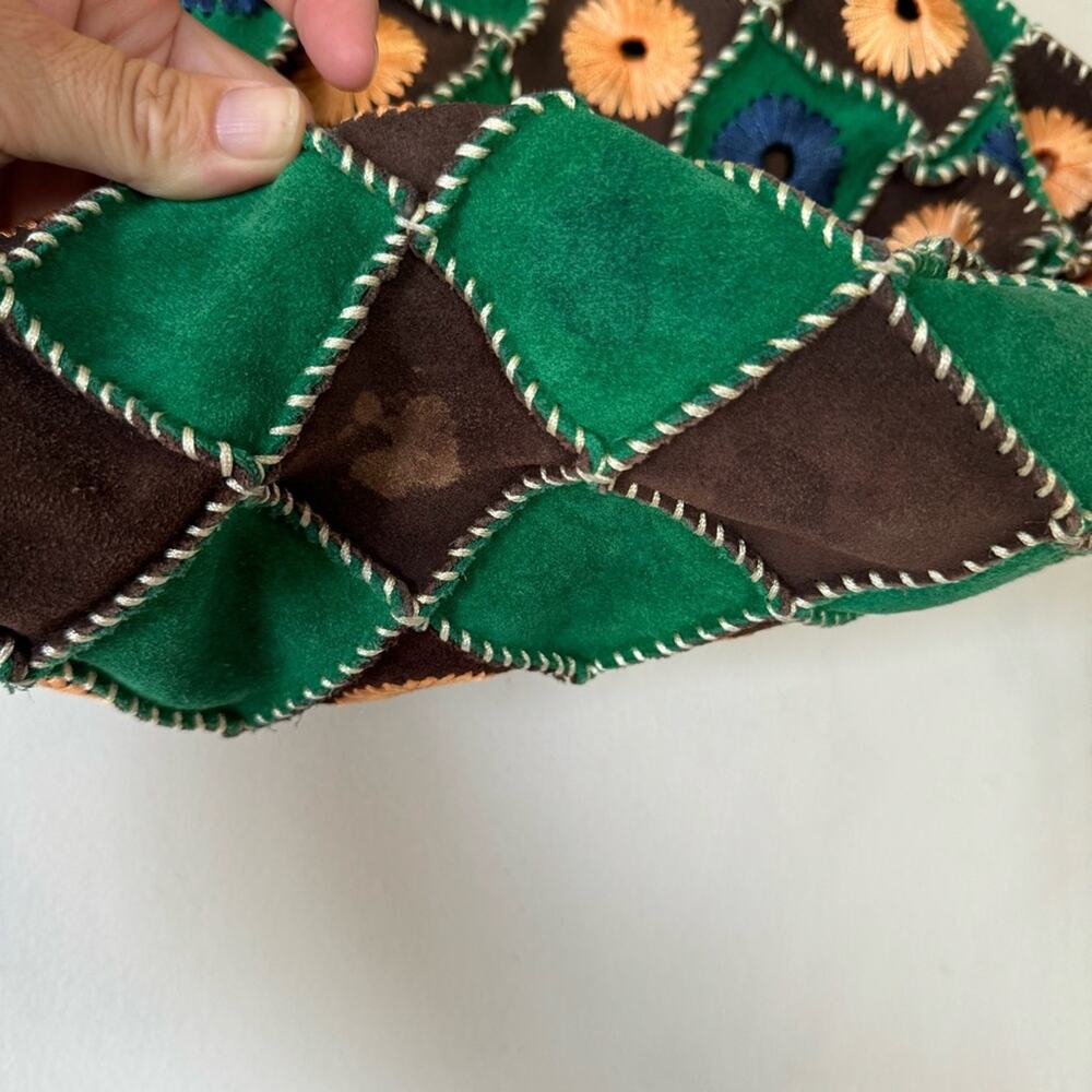 Vintage Boho Suede Crochet Granny Square Bag Blue Brown Green - Picture 7 of 9